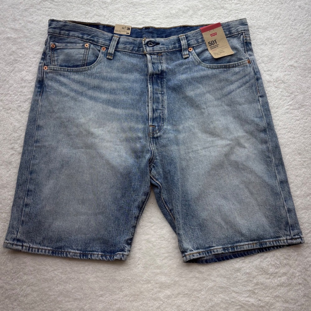 Levis 501 Original Shorts Mens 38 Light Wash Blue Denim Stretch Button Fly New